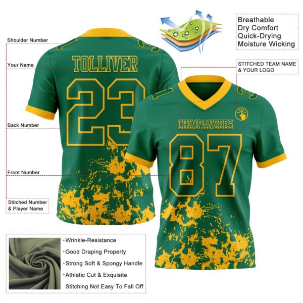 Custom Kelly Green Gold 3D Pattern Splash Authentic Football Jersey