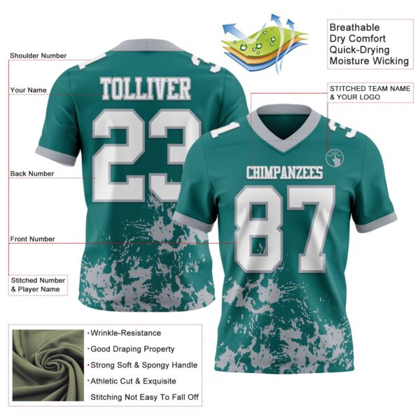 Custom Teal White-Gray 3D Pattern Splash Authentic Football Jersey