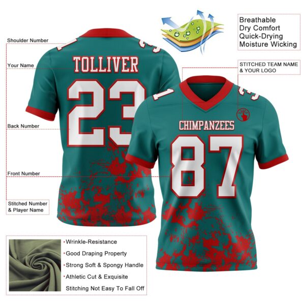 Custom Teal White-Red 3D Pattern Splash Authentic Football Jersey