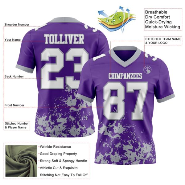 Custom Purple White-Gray 3D Pattern Splash Authentic Football Jersey