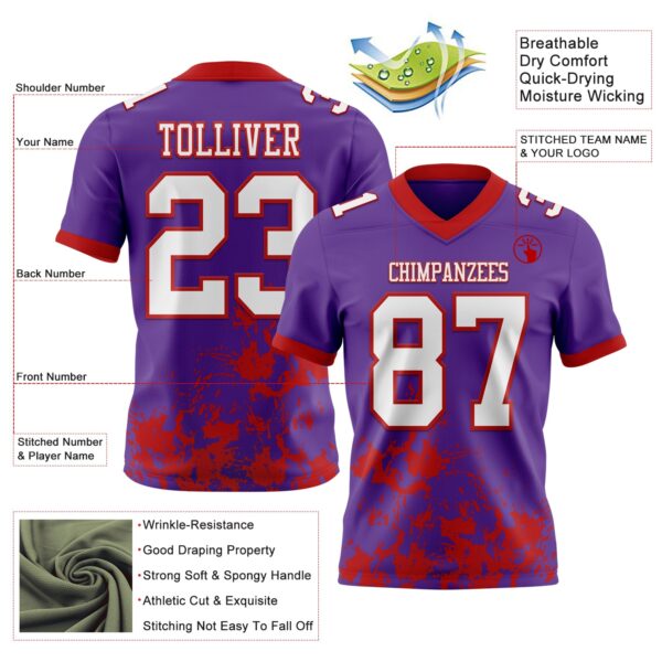Custom Purple White-Red 3D Pattern Splash Authentic Football Jersey