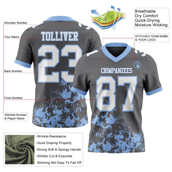 Custom Steel Gray White-Light Blue 3D Pattern Splash Authentic Football Jersey