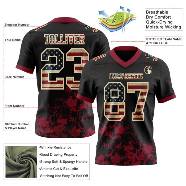 Custom Black Vintage USA Flag Crimson-Cream 3D Pattern Splash Authentic Football Jersey