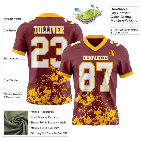 Custom Burgundy White-Gold 3D Pattern Splash Authentic Football Jersey