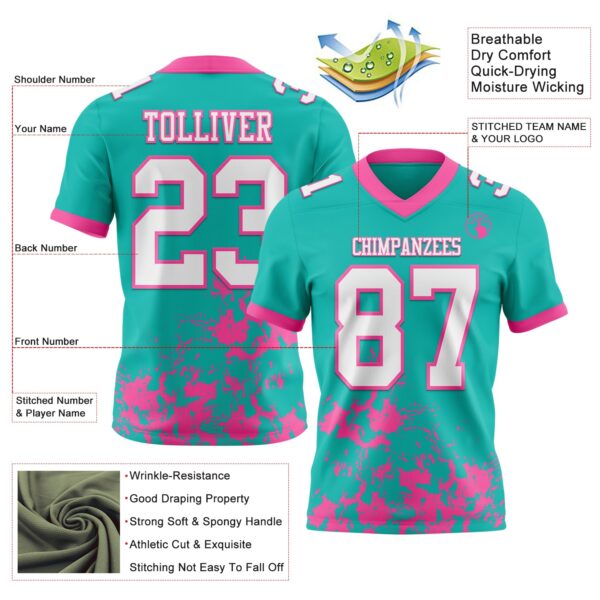 Custom Aqua White-Pink 3D Pattern Splash Authentic Football Jersey