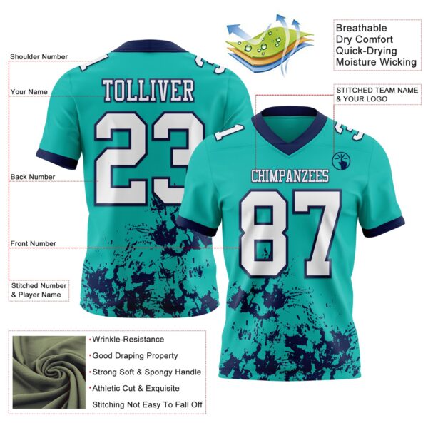 Custom Aqua White-Navy 3D Pattern Splash Authentic Football Jersey