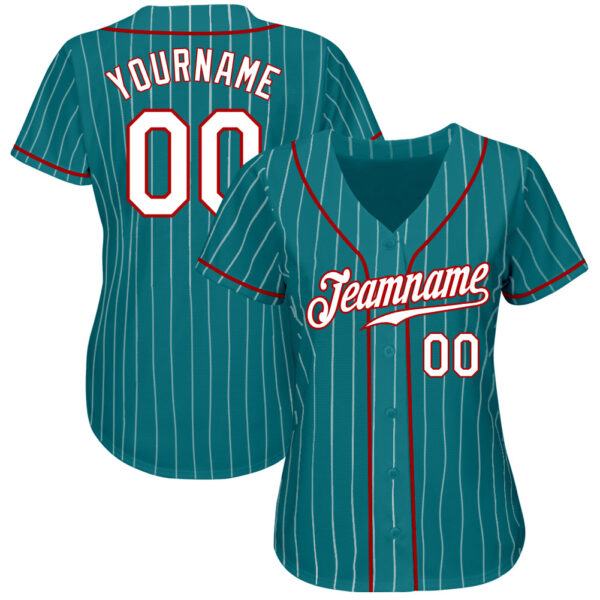 Custom Teal White Pinstripe White-Red Authentic Baseball Jersey