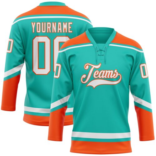 Aqua0197 Custom Aqua White-Orange Hockey Lace Neck Jersey