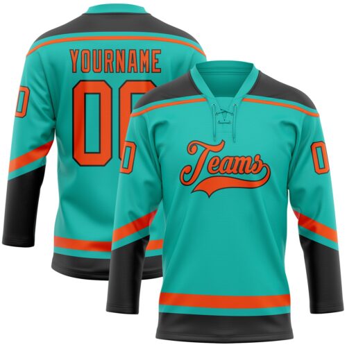 Aqua0201 Custom Aqua Orange-Black Hockey Lace Neck Jersey