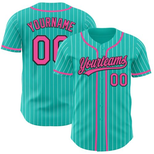 Aqua0234_cb0c5989-e1b6-4449-b092-71dec0c96c53 Custom Aqua White Pinstripe Pink-Black Authentic Baseball Jersey