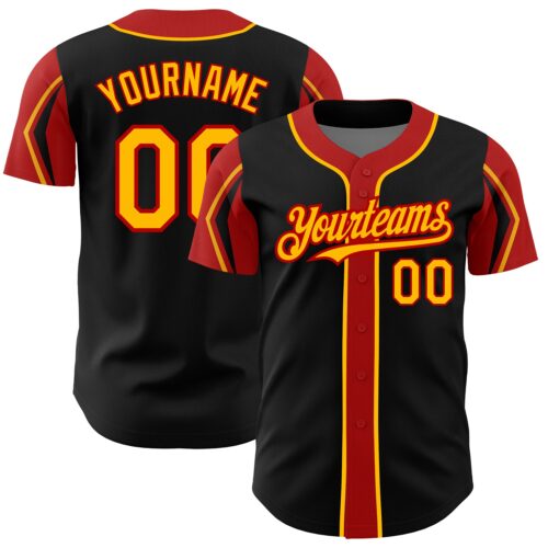 ArmShapes0004 Custom Black Gold-Red 3 Colors Arm Shapes Authentic Baseball Jersey