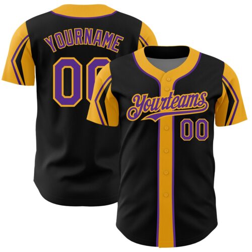 ArmShapes0006 Custom Black Purple-Gold 3 Colors Arm Shapes Authentic Baseball Jersey