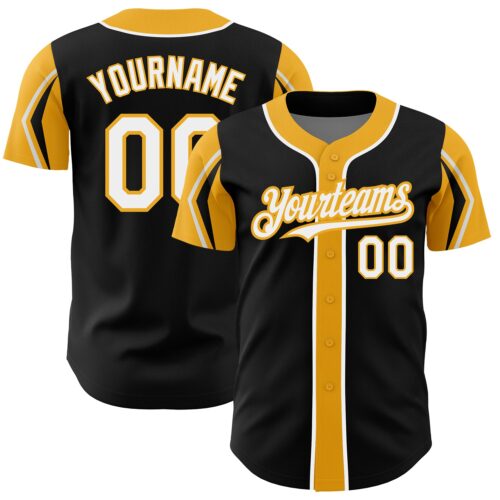 ArmShapes0007 Custom Black White-Gold 3 Colors Arm Shapes Authentic Baseball Jersey