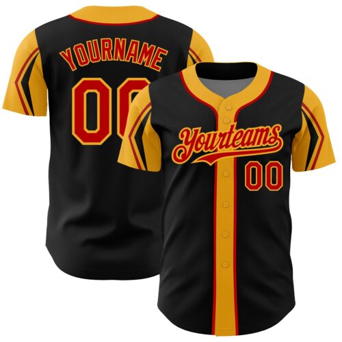 ArmShapes0008 Custom Black Red-Gold 3 Colors Arm Shapes Authentic Baseball Jersey