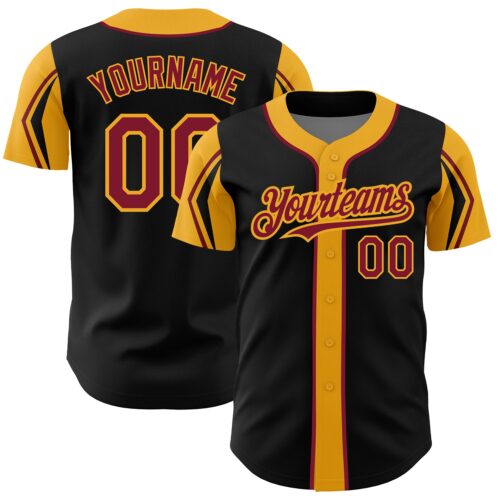 ArmShapes0010 Custom Black Crimson-Gold 3 Colors Arm Shapes Authentic Baseball Jersey