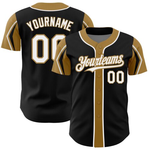ArmShapes0021 Custom Black White-Old Gold 3 Colors Arm Shapes Authentic Baseball Jersey