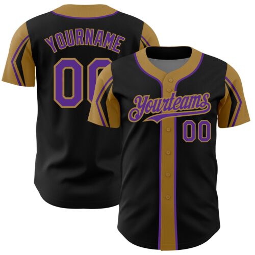 ArmShapes0023 Custom Black Purple-Old Gold 3 Colors Arm Shapes Authentic Baseball Jersey
