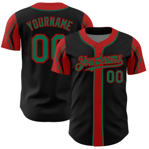 ArmShapes0029 Custom Black Kelly Green-Red 3 Colors Arm Shapes Authentic Baseball Jersey