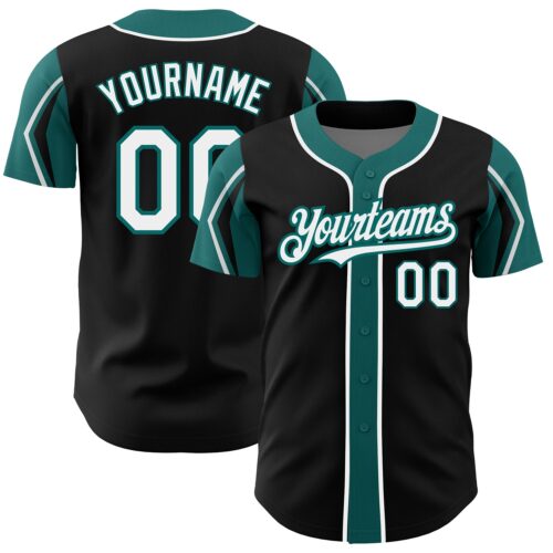 ArmShapes0033 Custom Black White-Teal 3 Colors Arm Shapes Authentic Baseball Jersey