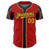 Custom Red Gold-Navy 3 Colors Arm Shapes Authentic Baseball Jersey