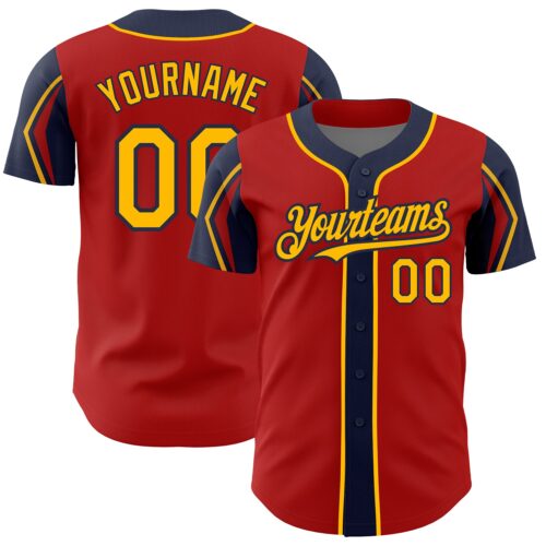 ArmShapes0037 Custom Red Gold-Navy 3 Colors Arm Shapes Authentic Baseball Jersey