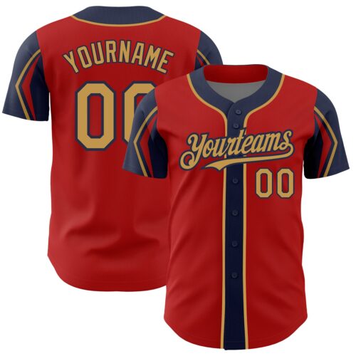 ArmShapes0041 Custom Red Old Gold-Navy 3 Colors Arm Shapes Authentic Baseball Jersey