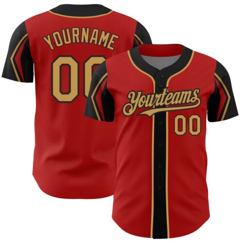 ArmShapes0043 Custom Red Old Gold-Black 3 Colors Arm Shapes Authentic Baseball Jersey