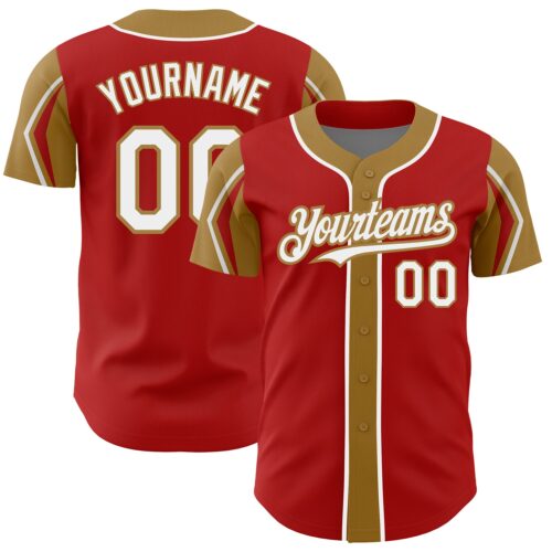 ArmShapes0044 Custom Red White-Old Gold 3 Colors Arm Shapes Authentic Baseball Jersey