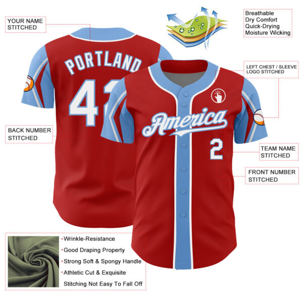 Custom Red White-Light Blue 3 Colors Arm Shapes Authentic Baseball Jersey