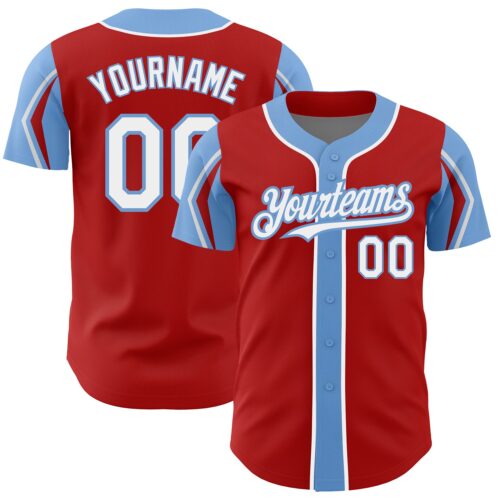 ArmShapes0047 Custom Red White-Light Blue 3 Colors Arm Shapes Authentic Baseball Jersey