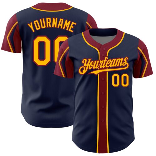 ArmShapes0053 Custom Navy Gold-Crimson 3 Colors Arm Shapes Authentic Baseball Jersey