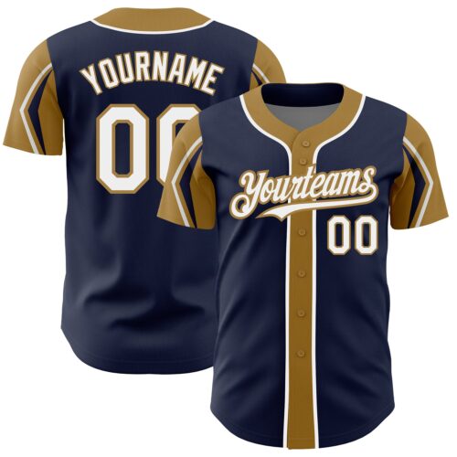 ArmShapes0057 Custom Navy White-Old Gold 3 Colors Arm Shapes Authentic Baseball Jersey