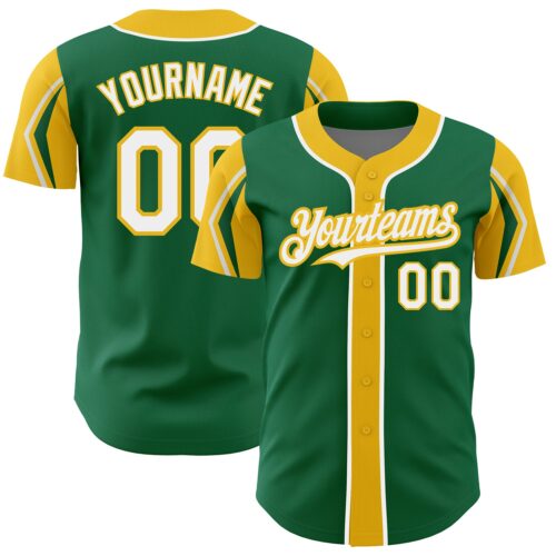ArmShapes0078 Custom Kelly Green White-Yellow 3 Colors Arm Shapes Authentic Baseball Jersey