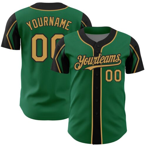 ArmShapes0084 Custom Kelly Green Old Gold-Black 3 Colors Arm Shapes Authentic Baseball Jersey