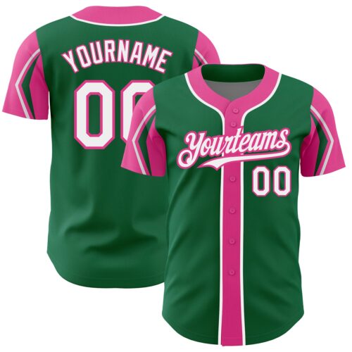 ArmShapes0085 Custom Kelly Green White-Pink 3 Colors Arm Shapes Authentic Baseball Jersey