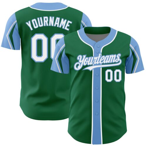 ArmShapes0086 Custom Kelly Green White-Light Blue 3 Colors Arm Shapes Authentic Baseball Jersey