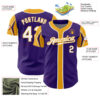 Custom Purple White-Gold 3 Colors Arm Shapes Authentic Baseball Jersey