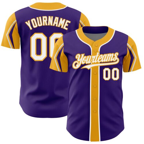 ArmShapes0087 Custom Purple White-Gold 3 Colors Arm Shapes Authentic Baseball Jersey