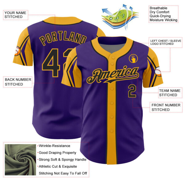 Custom Purple Black-Gold 3 Colors Arm Shapes Authentic Baseball Jersey