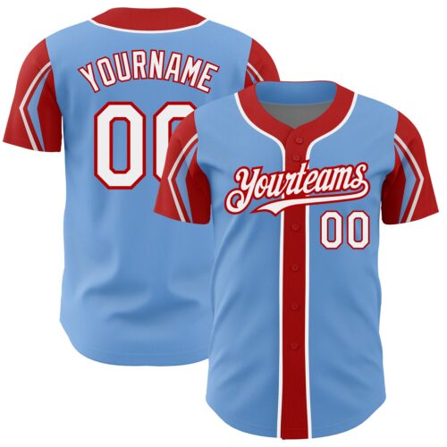 ArmShapes0115 Custom Light Blue White-Red 3 Colors Arm Shapes Authentic Baseball Jersey