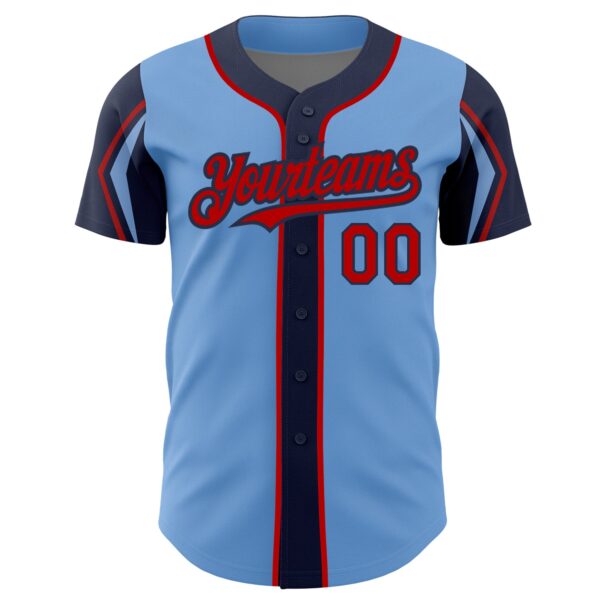 Custom Light Blue Red-Navy 3 Colors Arm Shapes Authentic Baseball Jersey