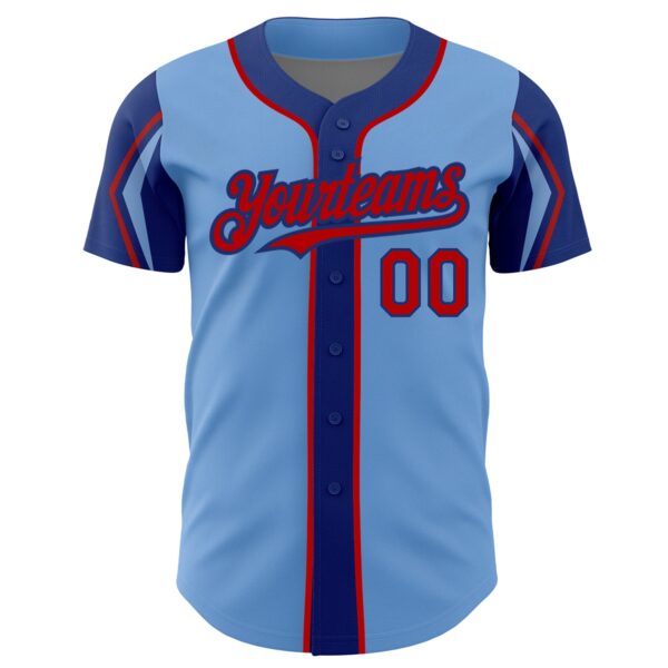 Custom Light Blue Red-Royal 3 Colors Arm Shapes Authentic Baseball Jersey