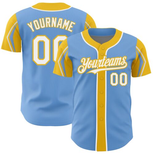 ArmShapes0119 Custom Light Blue White-Yellow 3 Colors Arm Shapes Authentic Baseball Jersey
