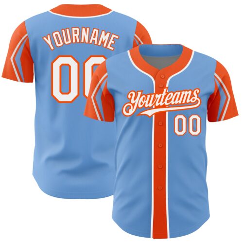 ArmShapes0124 Custom Light Blue White-Orange 3 Colors Arm Shapes Authentic Baseball Jersey