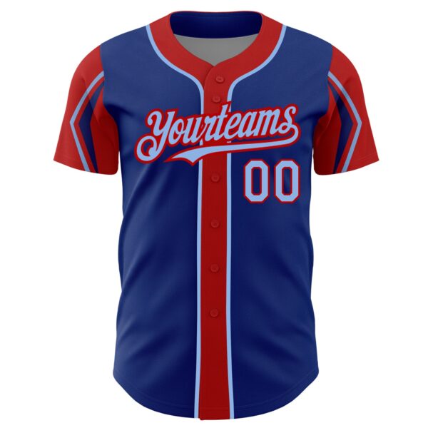 Custom Royal Light Blue-Red 3 Colors Arm Shapes Authentic Baseball Jersey