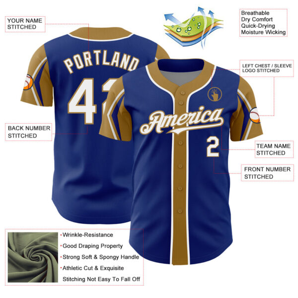 Custom Royal White-Old Gold 3 Colors Arm Shapes Authentic Baseball Jersey