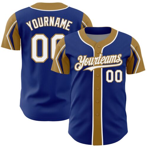 ArmShapes0142 Custom Royal White-Old Gold 3 Colors Arm Shapes Authentic Baseball Jersey
