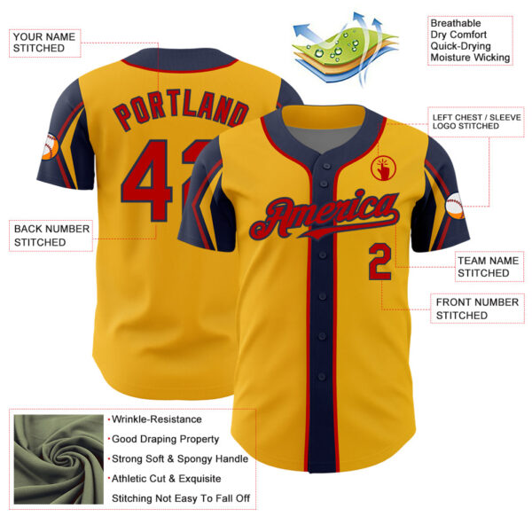 Custom Gold Red-Navy 3 Colors Arm Shapes Authentic Baseball Jersey