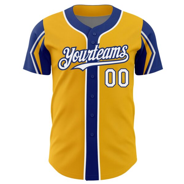 Custom Gold White-Royal 3 Colors Arm Shapes Authentic Baseball Jersey