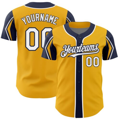 ArmShapes0151 Custom Gold White-Navy 3 Colors Arm Shapes Authentic Baseball Jersey